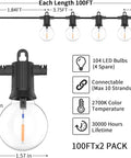 Diagram of Outdoor String Lights IP65 Waterproof 200 Ft With 104 G40 Bulbs Two Pack 100 Ft Each, dimmable, showing specifications.