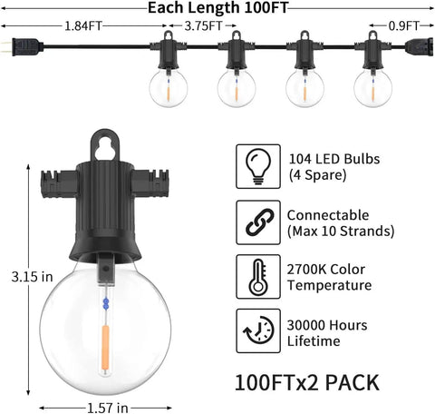 Diagram of Outdoor String Lights IP65 Waterproof 200 Ft With 104 G40 Bulbs Two Pack 100 Ft Each, dimmable, showing specifications.