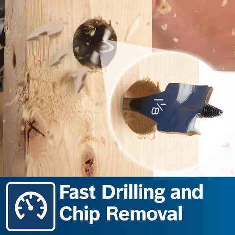 Bosch Daredevil spade drill bit, blue metal, installed in a wooden block