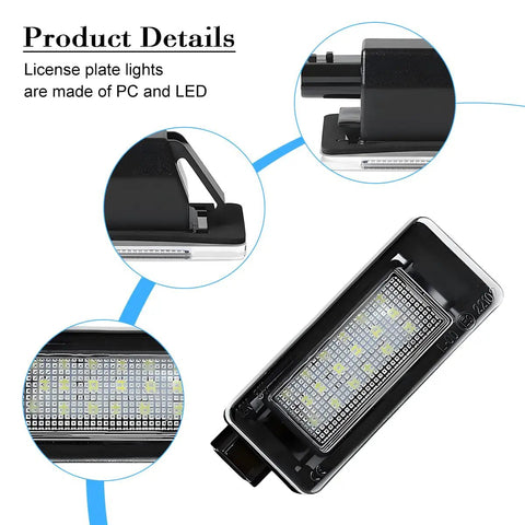Close-up of 1 Pair Car LED License Plate Light Plug N Play Kit showing LED details and PC material construction, super bright lighting.