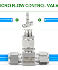 304 stainless steel micro flow needle valve with 3mm port and 1/4 in OD fittings, blue tubing (front view)