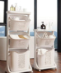 Multi Layer Laundry Basket With Wheels, Durable Plastic Clothes Organizer For Bathroom And Kitchen Storage