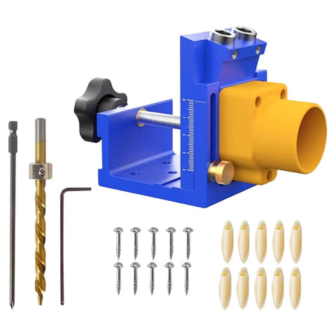 Plug And Play Pocket Hole Jig Drill Guide Fixture For Cabinet Assembly And Shelf Install With No Hassle Aluminum Body with tools and accessories.