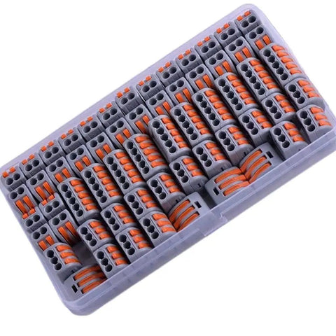 Pro Grade Lever Wire Connectors Kit With Push In Design For Quick Connect 28-12 AWG 2 Port 3 Port 5 Port Electrical Connector Assortment Set Copper Conductors Built To Last, showcasing assortment of connectors in packaging