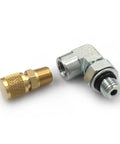 LVOUP-compatible Ford Powerstroke 7.3 fuel pressure tester adapter set: brass connector and silver quick-connect fitting