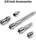 Three Eighths Inch Drive Shallow And Deep 12 Point Socket And Ratchet Set With Rails And Trays All In One 74 Piece accessory set