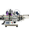 Fully Automatic Round Bottle Labeling Machine Featuring Plug And Play Touchscreen Controls and Smart Auto Correction, top view.