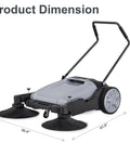 Product dimensions of 42 Inch Walk Behind Floor Sweeper With Dual Side Brushes And Fifteen Gallon Dustbin for warehouses and garages.