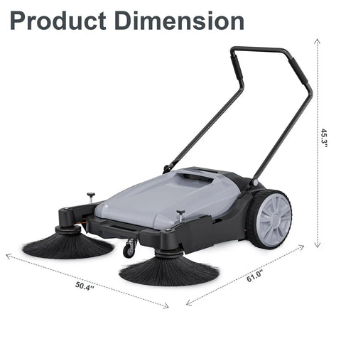 Product dimensions of 42 Inch Walk Behind Floor Sweeper With Dual Side Brushes And Fifteen Gallon Dustbin for warehouses and garages.