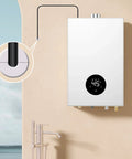 Water heater: front view, silver wall-mounted unit with black touchscreen showing 45°C; inset cable grommet.