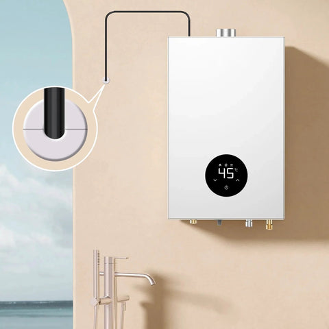 Water heater: front view, silver wall-mounted unit with black touchscreen showing 45°C; inset cable grommet.
