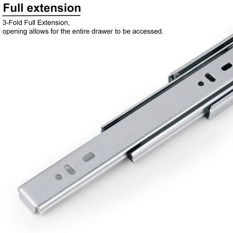 Close-up of a 22 Inch Drawer Slides Two Pairs Soft Close Ball Bearing Full Extension Side Mount Glides for Wide Dressers and Cabinets.