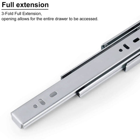 22 Inch Full Extension Drawer Slides Pair With 100 Pound Capacity Soft Close Ball Bearing Side Mount Rails For Heavy Duty Cabinets And Drawers Easy Install Hardware Included close-up view showcasing full extension and steel material.