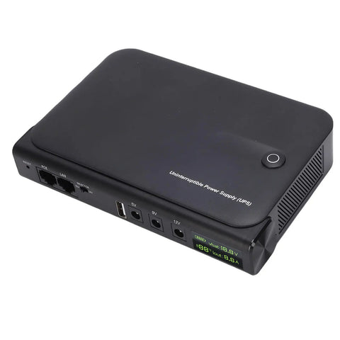 Seamless 36W DC UPS With Bright LED Display For Rock Solid Router Backup showing black power supply with multiple output ports.