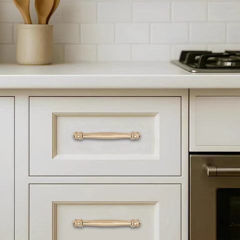 10 Pack 5 Inch Hole Center Brushed Brass Cabinet Pulls Solid Heavy Duty Satin Handles For Kitchen Drawers Bathroom Vanity Furniture Hardware on white drawers.