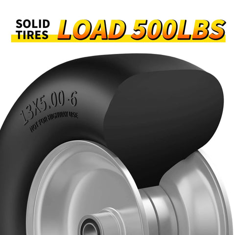 Flat Free 13x5.00-6 Lawn Mower Tire And Wheel Set No Flat Solid Front Tires For Zero Turn Mowers Built Tough For Residential And Commercial Use 500 Lb Load Hub 4.33-6.73 2 Pack Gray side view