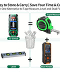 10 In 1 Stud Finder And Wall Scanner With Laser Tape Measure And Digital Level For DIY Renovations, Heavy Duty Wall Scanning, Precise Stud Detection, 131ft Laser Range, And Quick Leveling All In One Handy Tool, shown with tape measure, level, stud finder