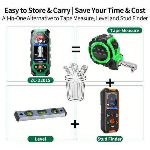 10 In 1 Stud Finder And Wall Scanner With Laser Tape Measure And Digital Level For DIY Renovations, Heavy Duty Wall Scanning, Precise Stud Detection, 131ft Laser Range, And Quick Leveling All In One Handy Tool, shown with tape measure, level, stud finder