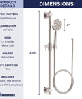 Solid Metal 27.5 Inch Shower Slide Bar System With Handheld Head And Hose Brushed Nickel Finish 2.5 GPM High Pressure Spray Wand