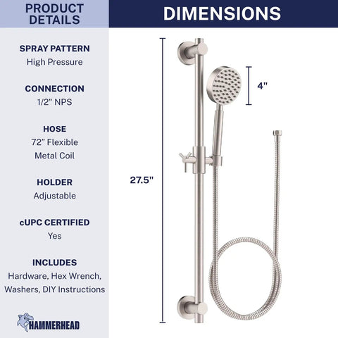 Solid Metal 27.5 Inch Shower Slide Bar System With Handheld Head And Hose Brushed Nickel Finish 2.5 GPM High Pressure Spray Wand