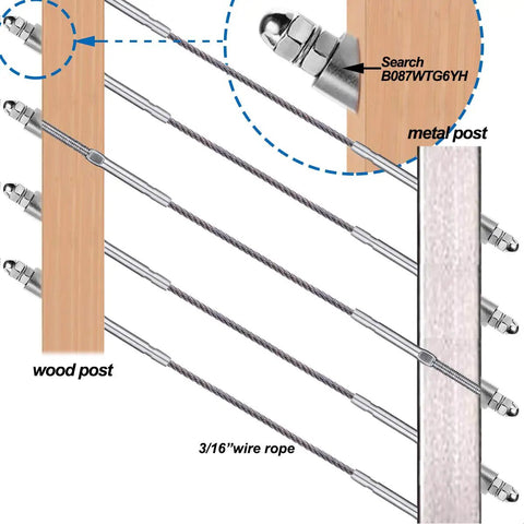 Three Sixteenth Inch T316 Stainless Steel Cable Railing Hardware Kit For Wood And Metal Posts Swage Threaded Studs in Use