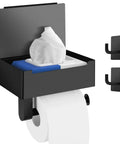 Super Handy Matte Black Toilet Paper Holder With Shelf And Storage For Flushable Wipes Includes Two Pack Towel Robe Hooks