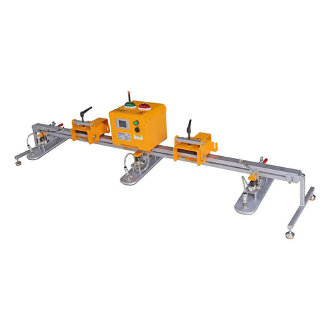 Heavy Duty Fork Mounted Vacuum Lifter With 330 Lb Capacity Handles Slab Stone And Glass No Sweat Via Wireless Remote and 24V battery powered suction system.