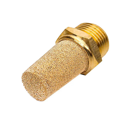 Close-up of 3 Pack Pneumatic Brass Exhaust Muffler Filter Quarter Inch Male Thread Hex Sintered Silencer For Air Lines