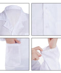 Close-up details of white long sleeve lab coat for Scientist Doctor Costume For Halloween Unisex Adults Outfit.