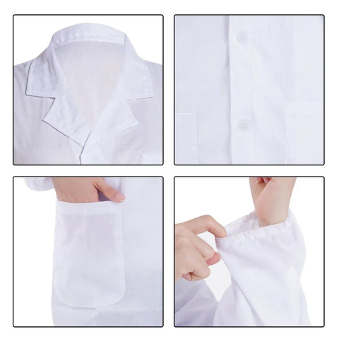 Close-up details of white long sleeve lab coat for Scientist Doctor Costume For Halloween Unisex Adults Outfit.