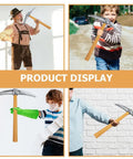 Collage of people holding decorative fake pickaxe prop for parties cosplay and events, lightweight plastic and foam construction