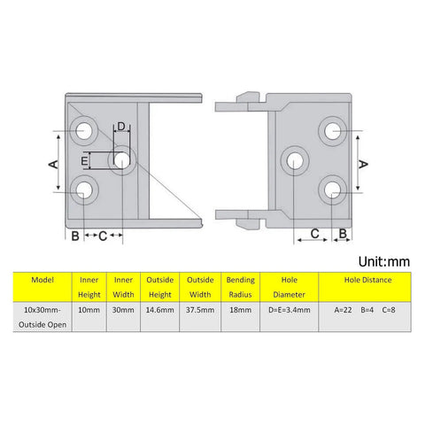Technical diagram of Open Type Drag Chain Cable Carrier 10x30mm, 1 Meter Length, Black Plastic, R18 With End Connectors dimensions