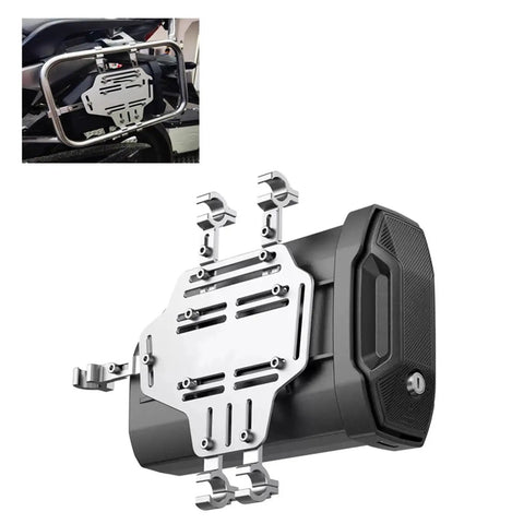 Badass Motorcycle Side Tool Box For CRF1000L Cargo Rack With Slam In Hardware and weather resistant shell, showing side view.