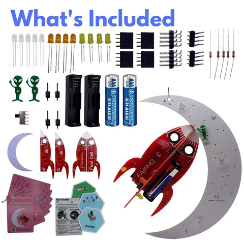 Spaceship Kit STEM Project Learn How To Solder Beginner Friendly Electronics Set With Tools Included For Teens 12 Plus And Adults To Build Real Circuits And Show Off Your Soldering Skills. parts set with LEDs, batteries, boards, and instructions