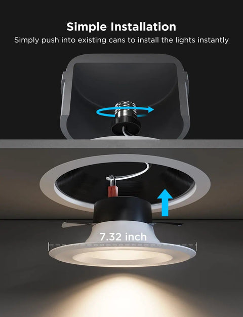 Slick Six Inch Smart Retrofit Recessed Can Lights With Wifi Direct Connect Pushing One Thousand Lumens fully dimmable LED downlights installation demo.
