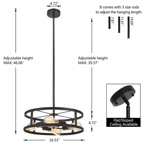 Black Industrial Farmhouse Semi Flush Mount Ceiling Light With Adjustable Height And Three Rod System Modern Drum Pendant Chandelier diagram.