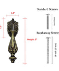 Antique Brass Drop Pull Handles 4 Pack Featuring Ornate Pendant Drawer Knobs With European Scrollwork Base, shown with screw dimensions