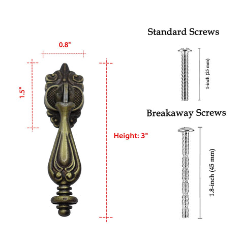 Antique Brass Drop Pull Handles 4 Pack Featuring Ornate Pendant Drawer Knobs With European Scrollwork Base, shown with screw dimensions