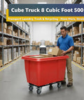 Heavy Duty 500 Pound Rolling Trash Can With 8 Cubic Foot Capacity, Bold Red Construction Cube Hauler And Commercial Laundry Wagon For Hotels Or Warehouses being filled with boxes in a warehouse.