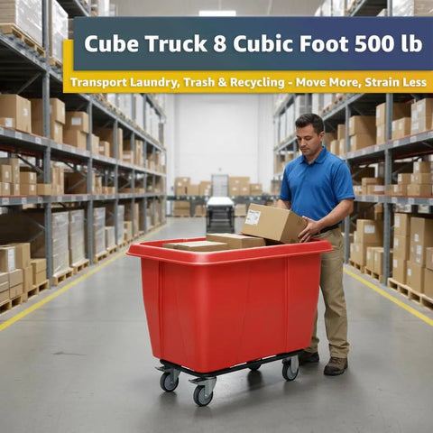 Heavy Duty 500 Pound Rolling Trash Can With 8 Cubic Foot Capacity, Bold Red Construction Cube Hauler And Commercial Laundry Wagon For Hotels Or Warehouses being filled with boxes in a warehouse.