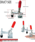 12 Pack Vertical Toggle Clamp Set Heavy Duty 200 Pound Holding Capacity Quick Release 102 B Style For Woodworking Smokers Doors Cabinets And Tool Boxes Made From Carbon Steel With Red Vinyl Coated Handle, GH-102B size diagram
