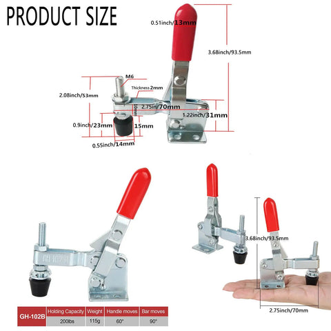 12 Pack Vertical Toggle Clamp Set Heavy Duty 200 Pound Holding Capacity Quick Release 102 B Style For Woodworking Smokers Doors Cabinets And Tool Boxes Made From Carbon Steel With Red Vinyl Coated Handle, GH-102B size diagram