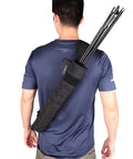 Person wearing lightweight back and hip arrow quiver, dual use foldable bag for target shooting, holds 12 to 18 arrows, adjustable strap