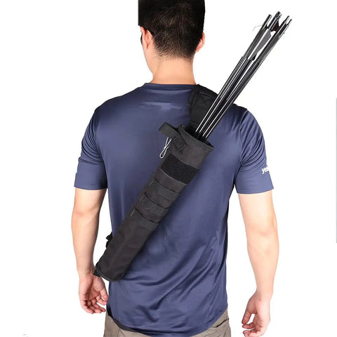 Person wearing lightweight back and hip arrow quiver, dual use foldable bag for target shooting, holds 12 to 18 arrows, adjustable strap