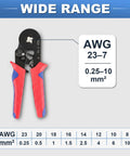 Wide Range Ferrule Crimping Tool For 23 To 7 AWG Wire Terminals With Four High Carbon Steel Dies Delivers Tight Square Crimps On 0.25 To 10 MM2 Terminals Great For Home DIY And Pro Electrical Work On The Job. ferrule crimping tool 23-7 AWG, red handles, square die