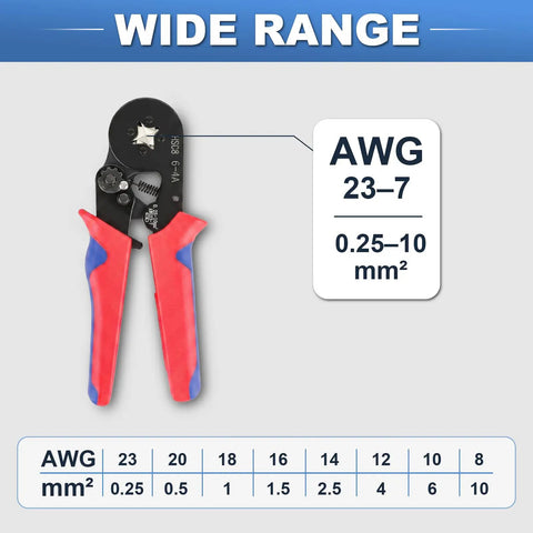 Wide Range Ferrule Crimping Tool For 23 To 7 AWG Wire Terminals With Four High Carbon Steel Dies Delivers Tight Square Crimps On 0.25 To 10 MM2 Terminals Great For Home DIY And Pro Electrical Work On The Job. ferrule crimping tool 23-7 AWG, red handles, square die