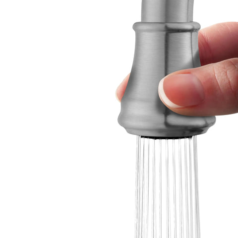 Close-up of Glenfield 2-Handle High Arc Kitchen Faucet With Side Sprayer In Stainless Steel ADA Compliant Ceramic Disc Valve Tech Tri-Flow Water