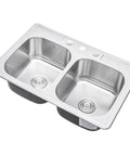 Top view of 50/50 Built Tough Double-Bowl Stainless Steel Kitchen Sink, 33 By 22 By 9 Inches, Top Mount Or Drop-In, 18 Gauge T304