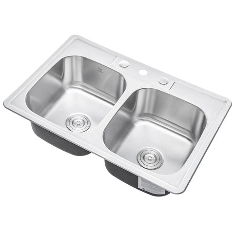 Top view of 50/50 Built Tough Double-Bowl Stainless Steel Kitchen Sink, 33 By 22 By 9 Inches, Top Mount Or Drop-In, 18 Gauge T304