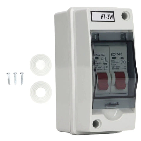 16A DC Miniature Circuit Breaker For DIN Rail Mount 2 Pole Leakage Protector in outdoor waterproof distribution box with transparent cover